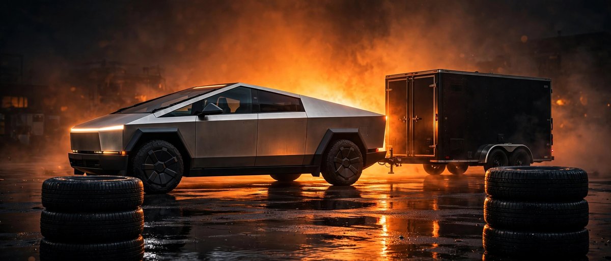 A Tesla Cybertruck in profile beside a black enclosed service trailer and stacks of tires at night, lit by a warm amber glow over wet reflective pavement — the Sparky X mobile shop after dark