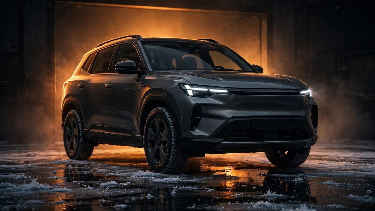 An all-wheel-drive SUV on winter tires in a dark garage, warm amber backlight halo, frost and glossy reflections on the floor