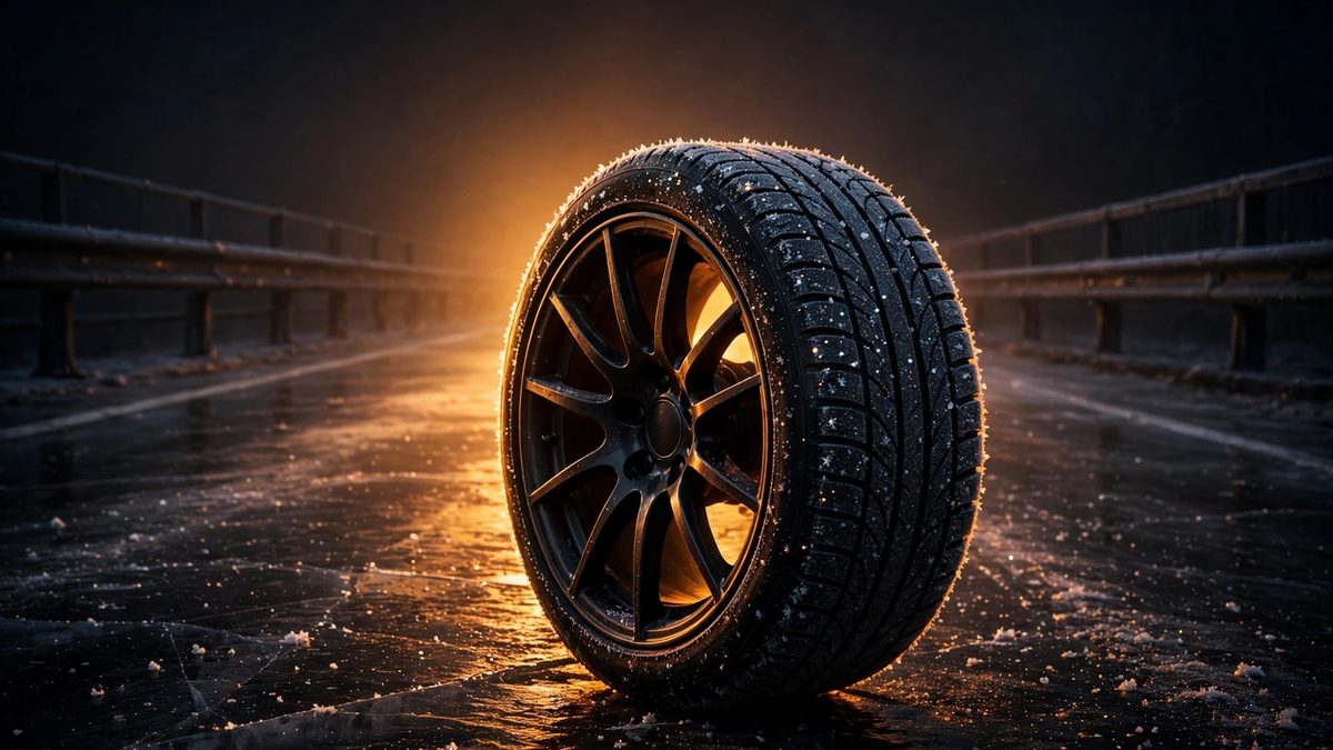 A winter tire on a dark alloy wheel on a frost-covered highway overpass deck at night, thin black ice glistening on the asphalt, warm amber backlight halo and glossy reflections