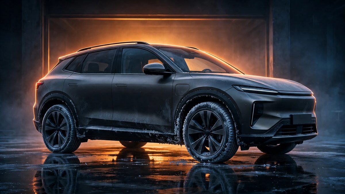 An electric SUV on winter tires in a dark garage, warm amber backlight halo, frost on the tires and wheel arches, glossy dark floor with warm reflections