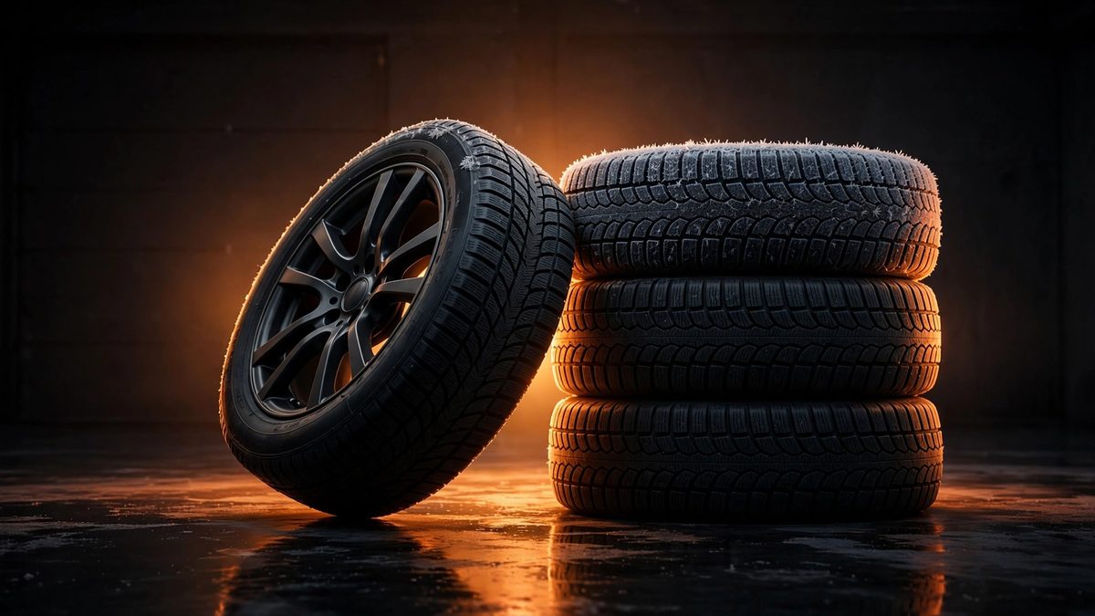 A winter tire on a dark alloy wheel leaning against a stack of three winter tires in a dark garage, warm amber backlight halo, frost on the tread and glossy dark floor with warm reflections