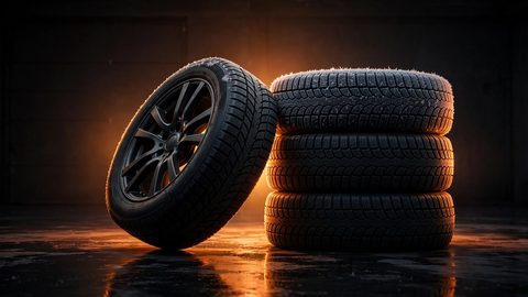 A winter tire on a dark alloy wheel leaning against a stack of three winter tires in a dark garage, warm amber backlight halo, frost on the tread and glossy dark floor with warm reflections