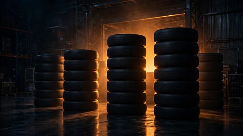 Stacks of new tires stored in a dark warehouse, warm amber backlight — why a new tire can carry an older DOT date