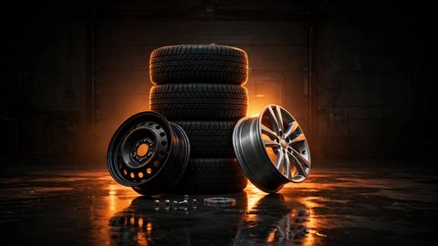 A stack of winter tires flanked by a black steel wheel and a silver alloy wheel in a dark garage, warm amber backlight halo, lug nuts and a hub ring on the glossy floor — the fitment checks online tire stores skip