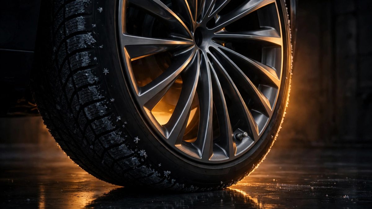 Close-up of a Tesla-style turbine alloy wheel and winter tire with its TPMS valve stem, dark moody scene, warm amber backlight halo, frost on the tread and glossy floor reflections