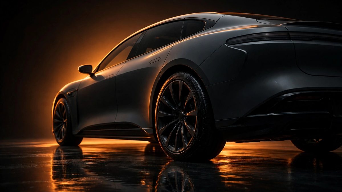 A dark grey electric sedan from the rear three-quarter angle on a glossy dark floor, rear tire in focus, warm amber backlight halo and strong reflections