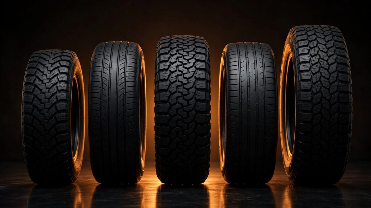 Five different tires standing in a row on a glossy dark floor — winter, all-season, all-terrain and performance tread patterns side by side, warm amber backlight halo and strong reflections