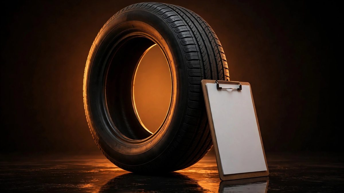 A new all-season tire standing upright beside a blank clipboard on a glossy dark floor, tread and sidewall visible, warm amber backlight halo and strong reflections
