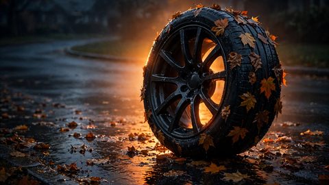 A car tire on a dark alloy wheel covered in wet maple leaves on a wet residential road at dusk, warm amber backlight halo, glossy dark pavement with warm reflections