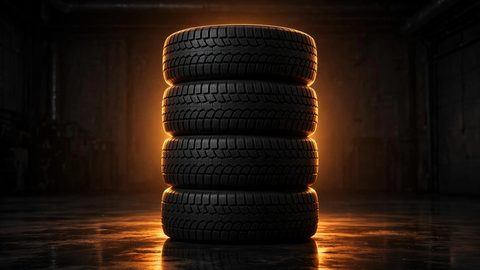 A stack of four new winter tires in a dark garage, warm amber backlight halo and glossy floor reflections — the complete Toronto winter tire buying guide